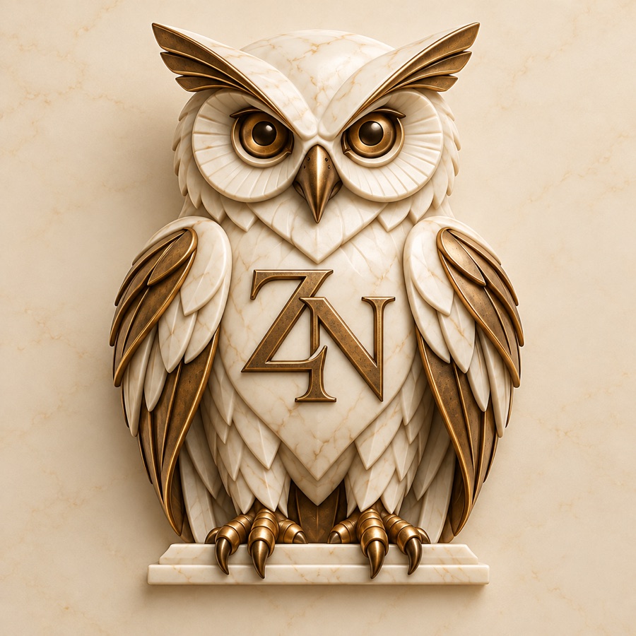 ZetaraNoetia emblem: a marble and bronze owl bearing the ZN monogram, perched on a marble plinth